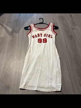 White Tank Dress with Red Trim and "Baby Girl 99" Graphic